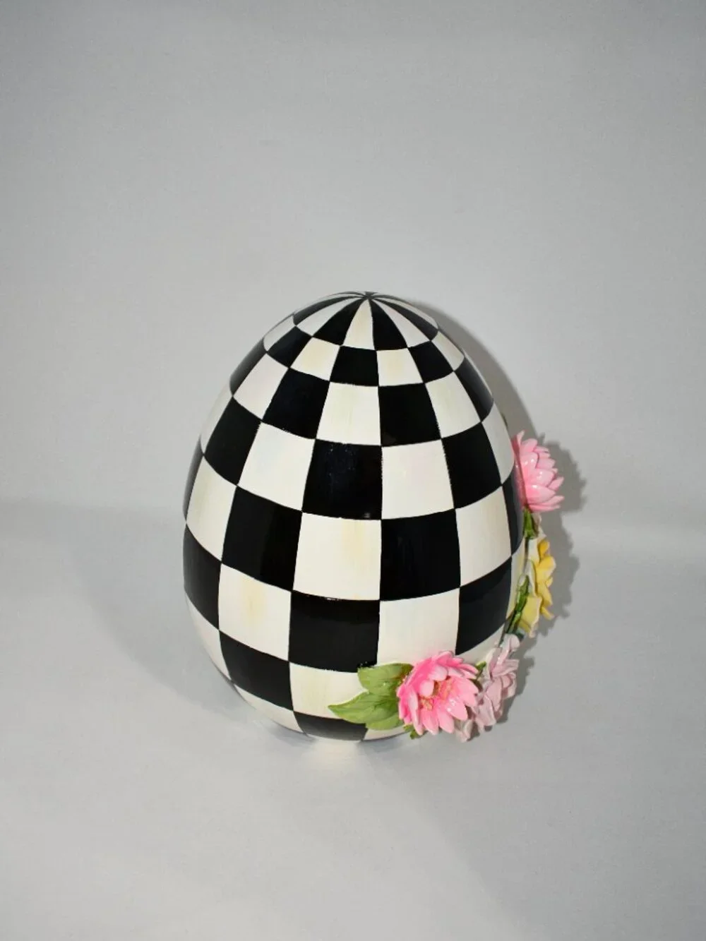 MacKenzie-Childs Easter Frolic Spring Floral Check Tabletop Egg Black #35514-242